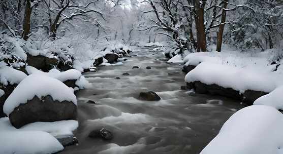 森林雪景下雪天冬季河流树林雾凇唯美下雪天