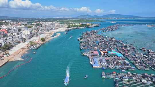 4k海南陵水疍家鱼排玻璃海海湾玻璃海航拍