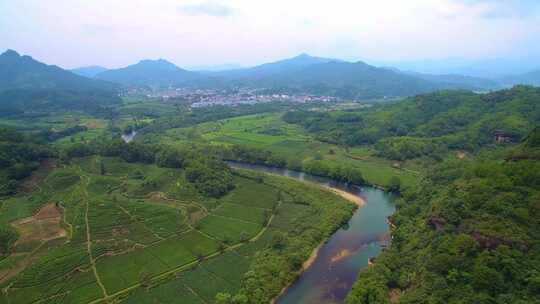 航拍武夷山九曲溪竹筏漂流岩茶茶园丹霞地貌