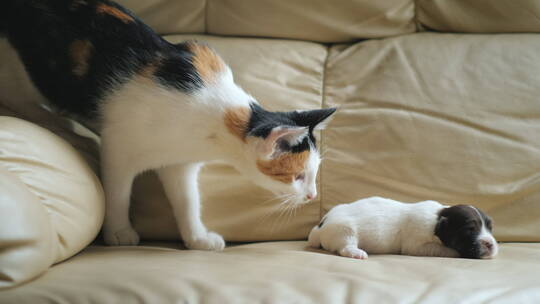 猫和新生的小狗玩耍