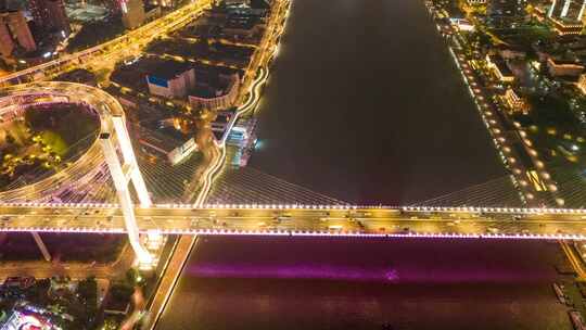 航拍大范围延时上海南浦大桥夜景车流