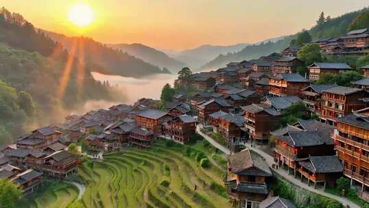 贵州苗寨日出全景风光
