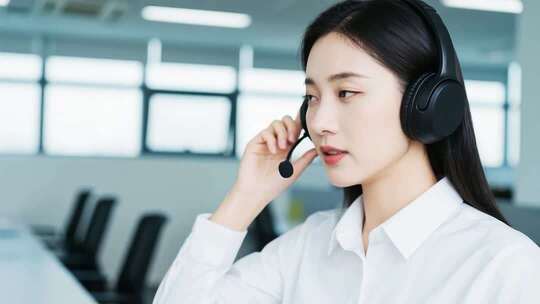 办公室女性佩戴耳机沟通