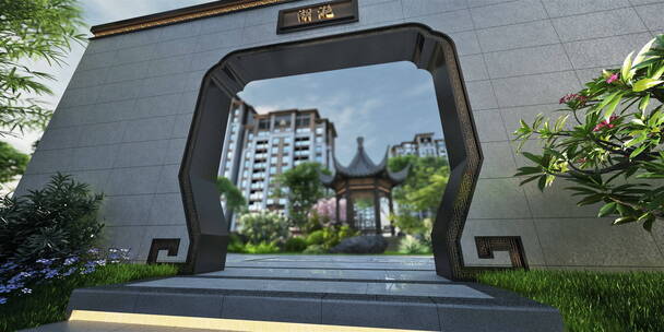 新中式小区拱门庭院景观三维