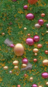 复活节快乐，草地上的鸡蛋和日落时的鲜花