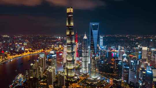 航拍上海夜景陆家嘴外滩建筑群