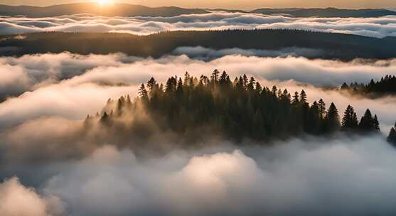 森林云海阳光山峰云雾大自然树林丁达尔效应