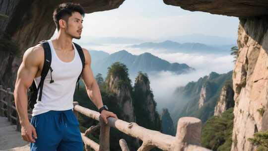 男子山间栈道眺望远方