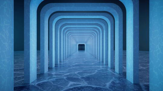 夜晚的冰封湖面上的隧道3D渲染