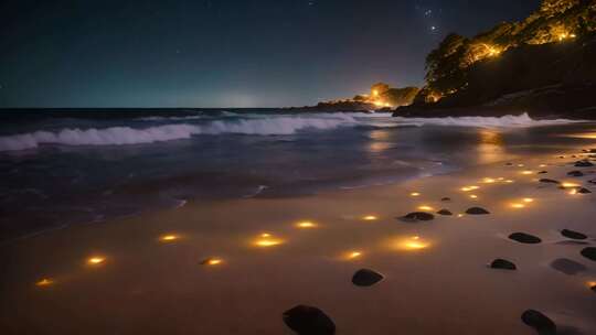 夜晚海滩海浪星空景色