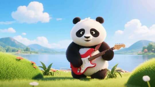 弹吉他的熊猫自然风光场景