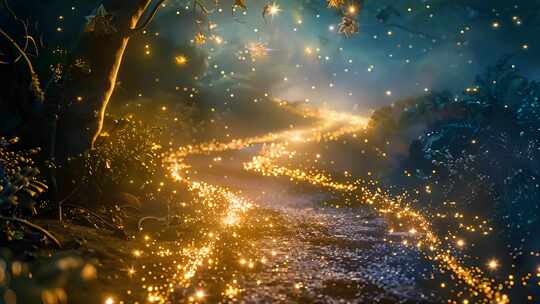 神秘梦幻背景 夜晚魔法精灵海滩星光闪烁