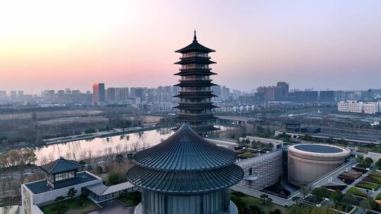 江苏扬州中国大运河博物馆日落航拍4K素材视频素材模板下载