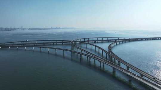 航拍山东青岛胶东湾大桥视频素材模板下载