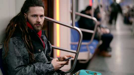 地下男性乘客坐在火车车厢内并在智能手机中