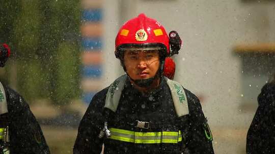 消防员着战斗服雨中训练