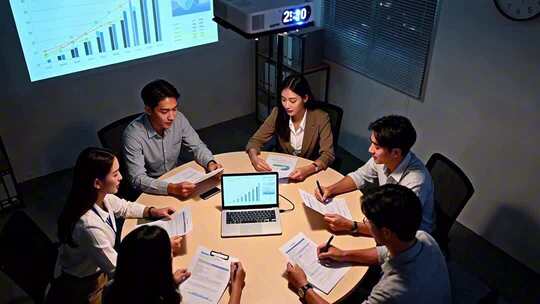 深夜加班讨论写字楼办公室加班人群白领