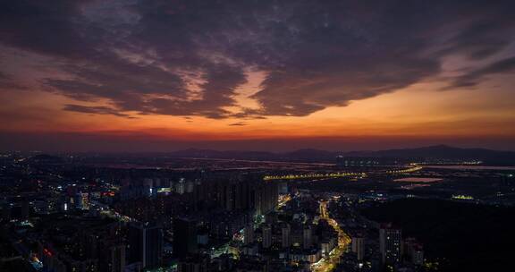 大湾区珠海金湾红旗镇夜景晚霞航拍延时