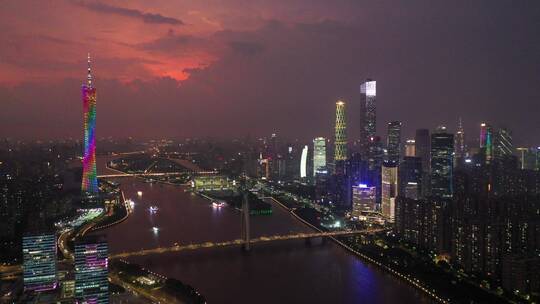 广州市中心珠江夕阳航拍夜景