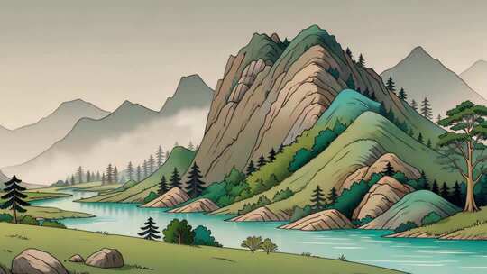 山水古风插画场景