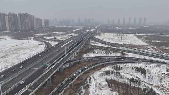 航拍城市雪景 石家庄 交通