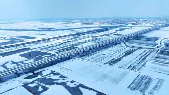 航拍淮河王家坝四里湖平原雪景风光4K