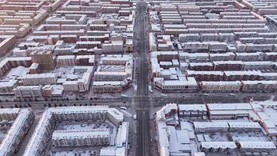 牙克石航拍冬天城市雪景日出