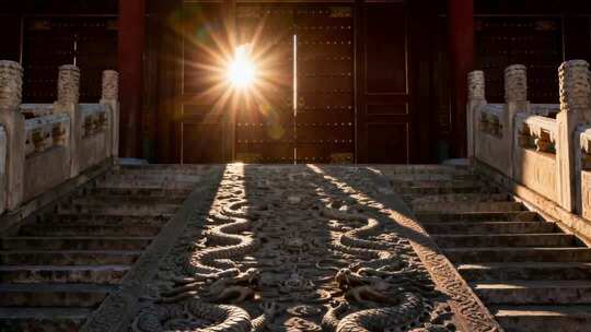 古建筑前阳光照耀下的龙纹台阶