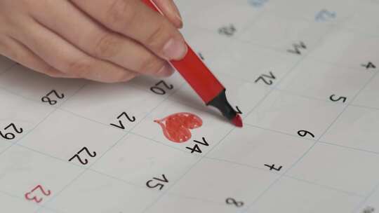 女人的手在日历上画一颗心突出了2月14日情人节的计划日期