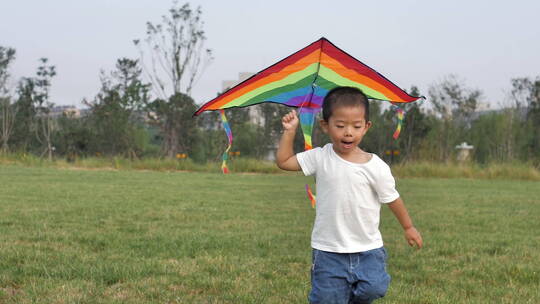 中国小朋友在公园树林中放风筝