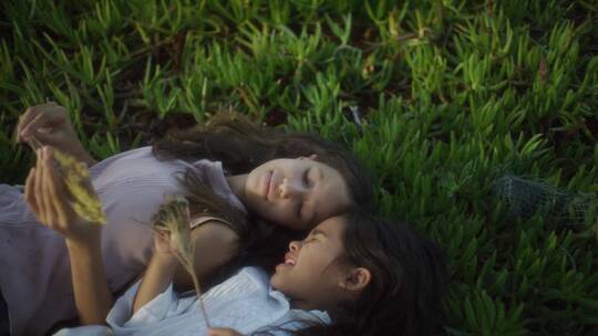 姐妹俩躺在草地上