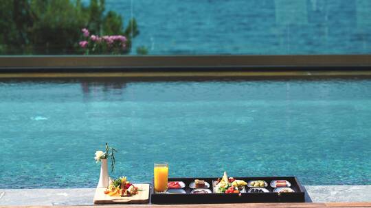 奢侈户外泳池五星级酒店早餐空镜视频素材模板下载