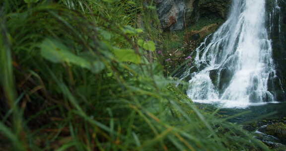 在奥地利高地欣赏瀑布的女人。在山里旅行，