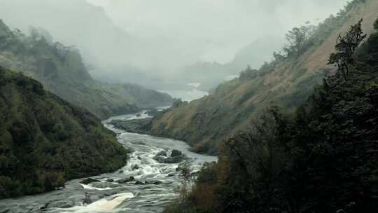 山间河流雾气缭绕水流湍急的景象