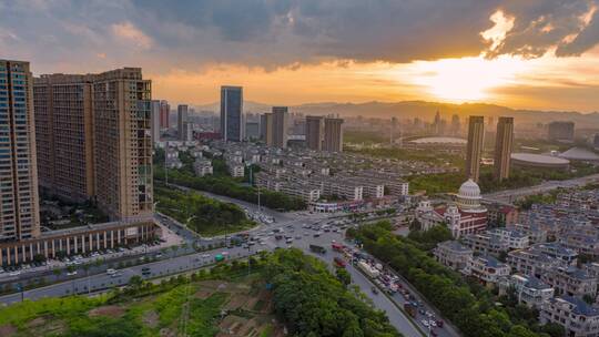 义乌城市道路交通车流黄昏晚霞风光航拍延时