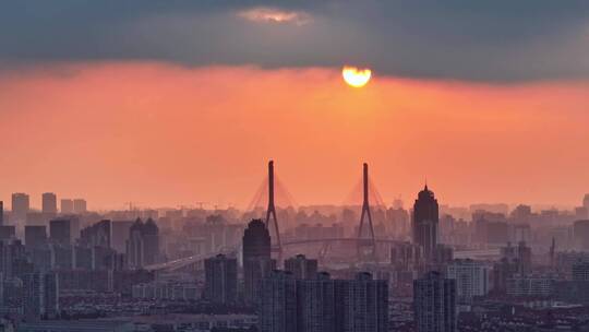 上海杨浦大桥日落航拍