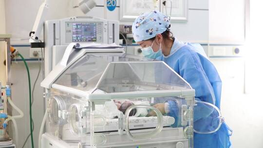 新生儿护理重症监护病房护士婴儿保温箱ICU视频素材模板下载