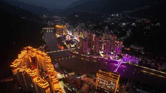 云南怒江傈僳族自治州泸水市城市航拍夜景