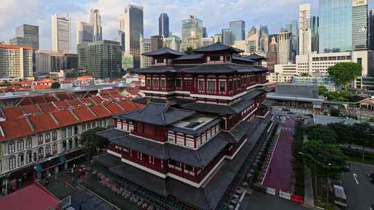 新加坡滨海湾花园城市佛牙寺日落蓝调延时