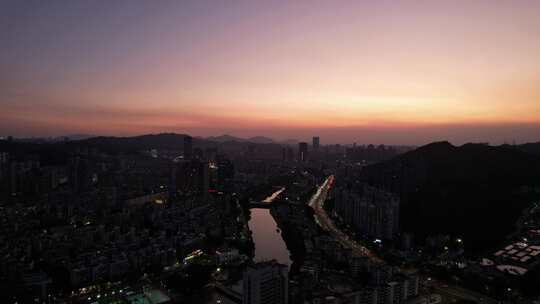 广东珠海城市晚霞夜幕降临航拍