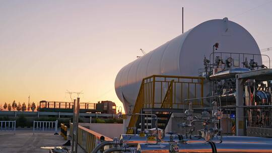 夕阳下高压电线塔附近巨大的储氢罐航拍视频素材模板下载