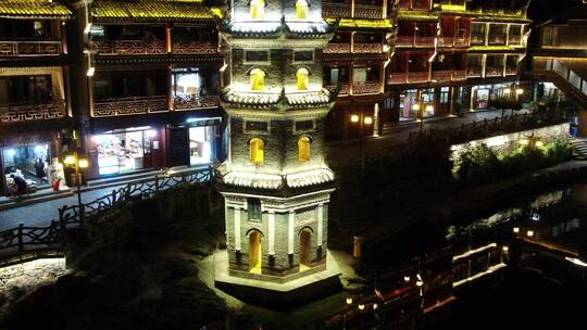 航拍湖南湘西凤凰古城夜景视频素材模板下载