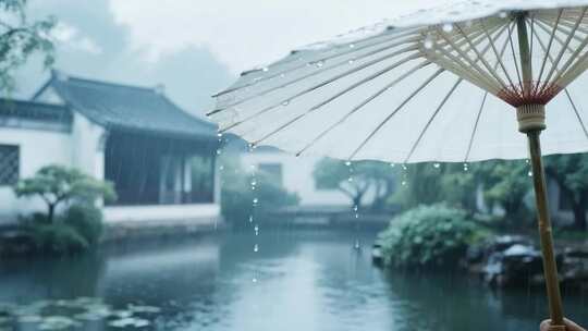 雨中白瓷伞下古风庭院