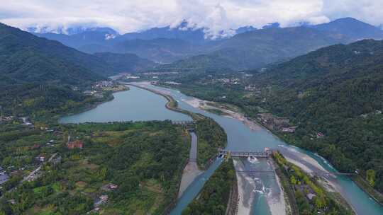 四川成都都江堰景区水利工程航拍