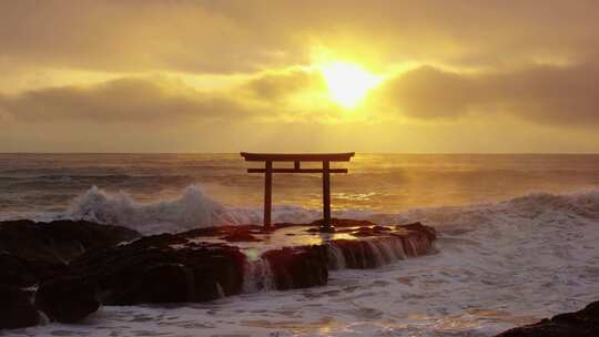 鸟居，门，波浪，海洋