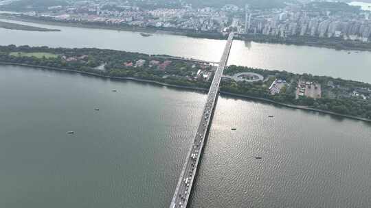 长沙橘子洲大桥航拍湘江城市建筑风光桥交通