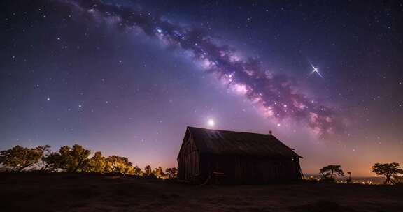 夜空下木屋旁的璀璨星空