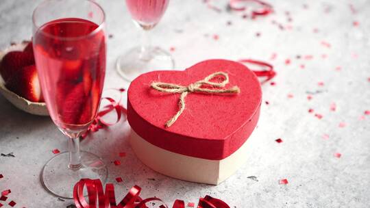 一瓶玫瑰香槟酒杯，配有新鲜草莓和心形礼物