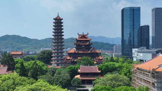 福州西禅古寺航拍城市寺庙古建筑景观风景