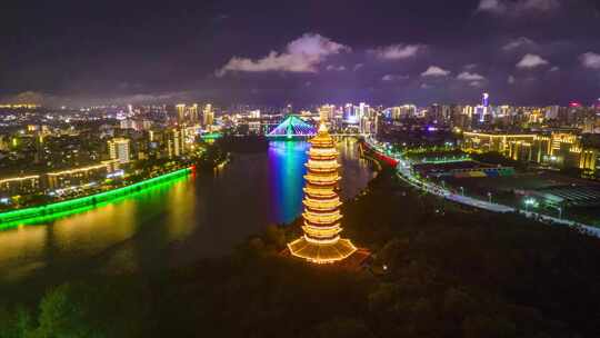 江西赣州城市夜景灯光翠浪塔环绕航拍延时